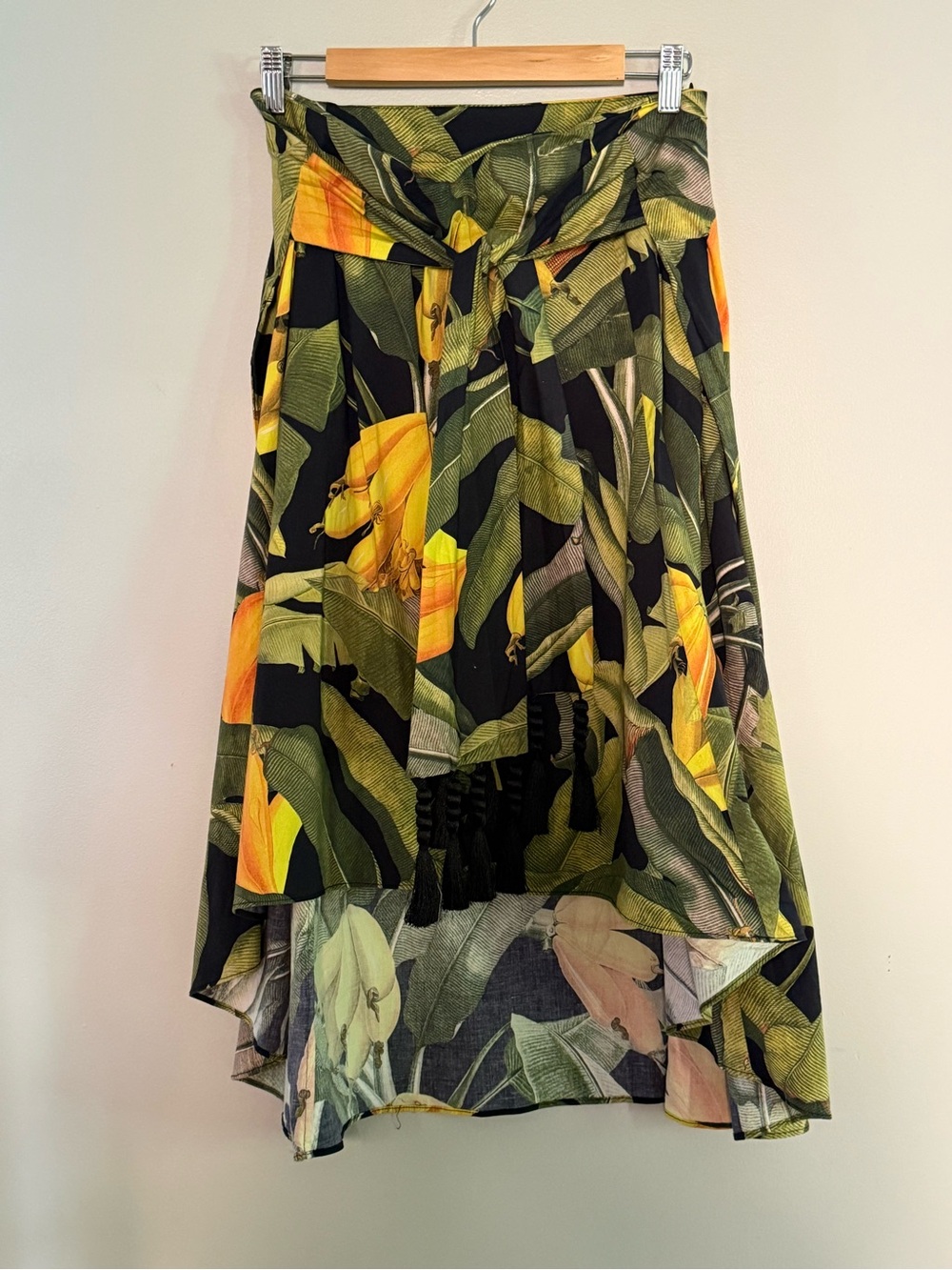 FARM RIO Cotton Elastane Tropical Print Tie Tassel Belt Midi Skirt -waist 15”